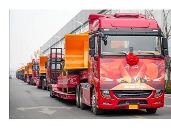 Convoy of finished machines ready for dispatch